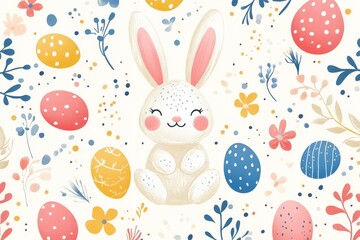 Cute bunny surrounded by colorful Easter eggs and flowers in a cheerful spring design