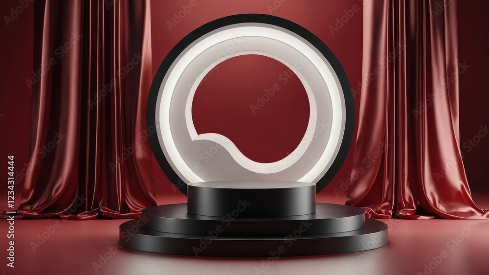 Poster elegant display platform with a modern circular design, framed by rich red curtains. perfect for sho