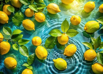 Overhead view: a tranquil lemon grove, lush greenery mirroring floating lemons in still water.