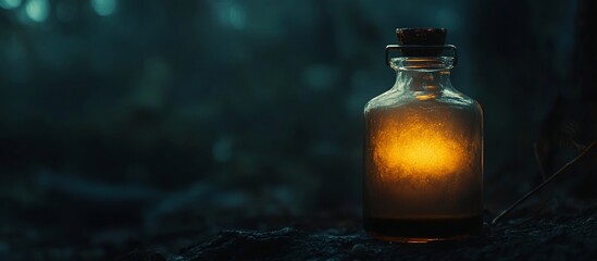Glowing Bottle in Dark Forest: A Mystical Night Scene