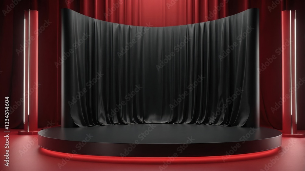 Poster a dramatic stage setting with black curtains and red lighting, creating a mysterious and elegant atm