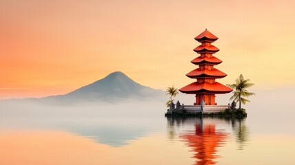 Obraz premium Red Pagoda on Calm Lake at Sunrise, Misty Mountains in Background