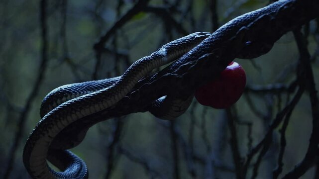A cinematic perspective featuring the snake&rsquo;s forked tongue extended near the apple&rsquo;s stem, capturing a split-second sense of anticipation in the darkness.