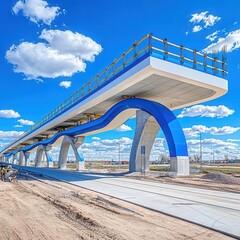 Fototapeta premium Modern elevated train station with a striking blue design against a bright blue sky and fluffy clouds.