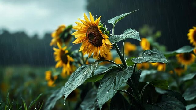 Sunflowers in a Rainstorm &ndash; A lively field of sunflowers, still standing tall despite a light drizzle.
