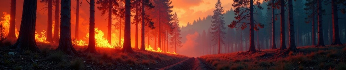 Inferno raging through the woods as trees fall, smoke, inferno
