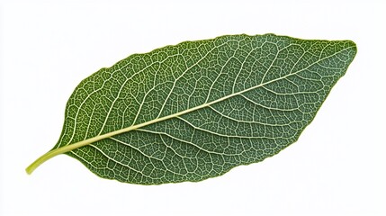 Green leaf, veins detail, studio shot, white background, botanical illustration