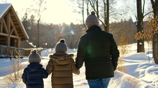 Family Visiting Maple Syrup Farm Collecting Sap from Trees