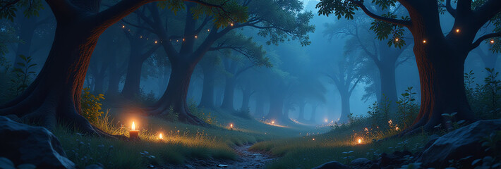 softly glowing lights fill forest night magical ambiance attracts many