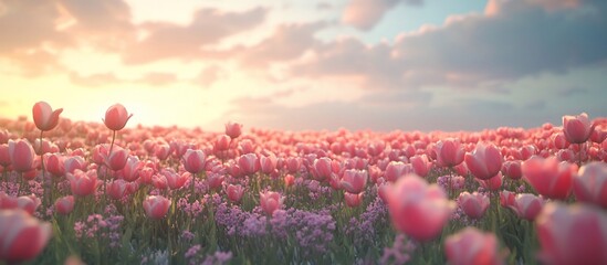 Pink tulips sunset field; idyllic spring landscape