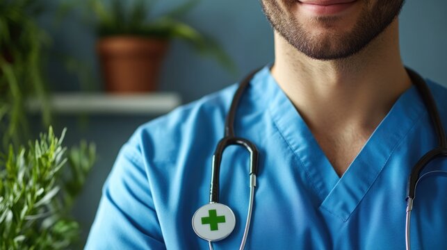 A medical professional dressed in a blue scrub suit and wearing a stethoscope, ready for duty