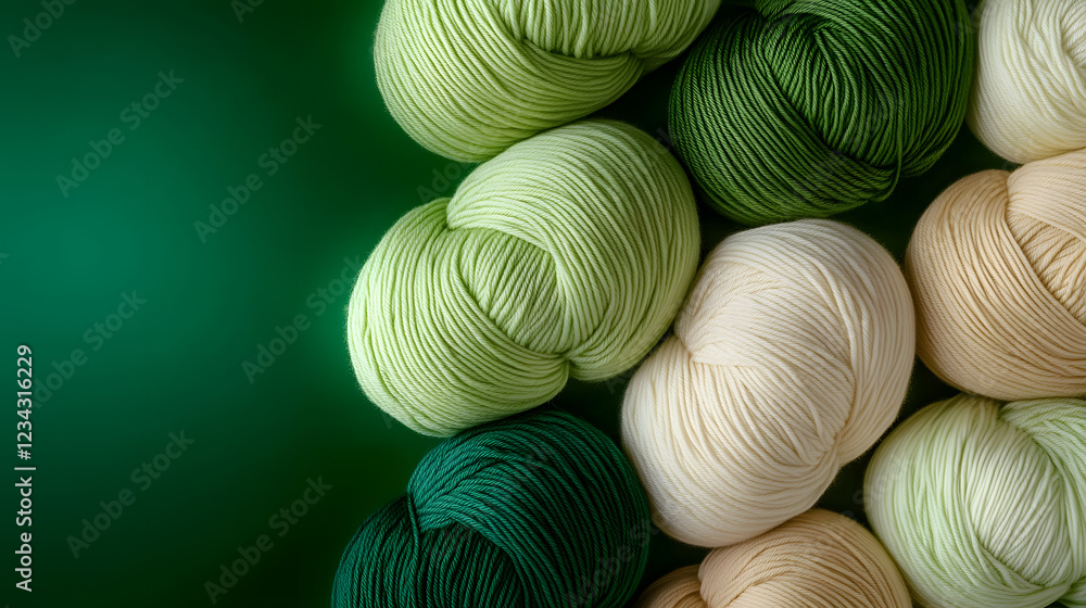 Poster artistic arrangements of green and cream yarn create an elegant pattern on a gradient background, ev
