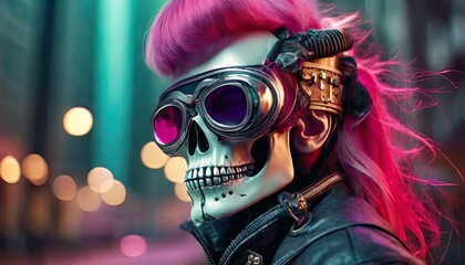Cyberpunk skull head in fashionable leather jacket wears protective glasses