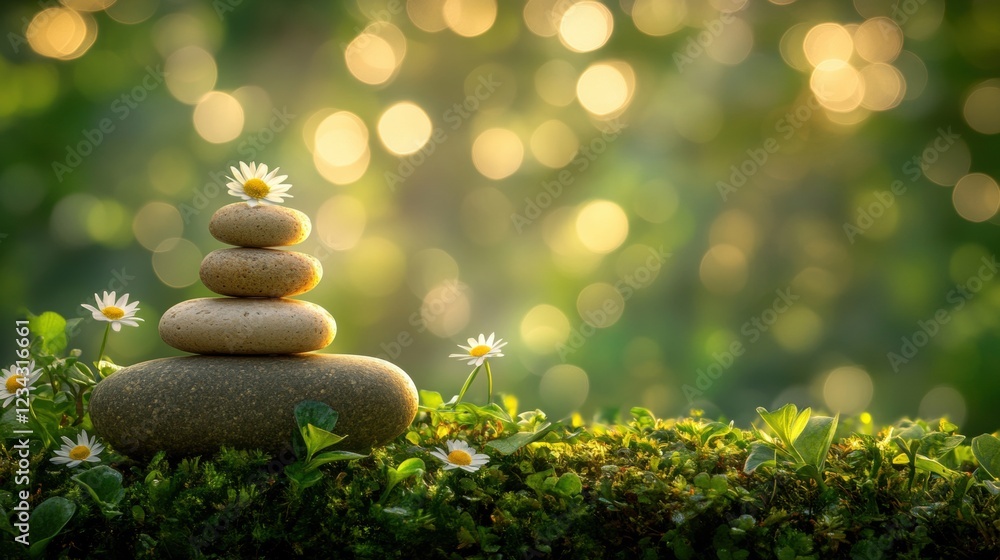 Aufkleber stack of smooth stones surrounded by tiny flowers in a lush garden with a soft bokeh background