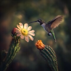 Fototapeta premium A hummingbird hovering near a blooming saguaro flower, delicate details, nature photography