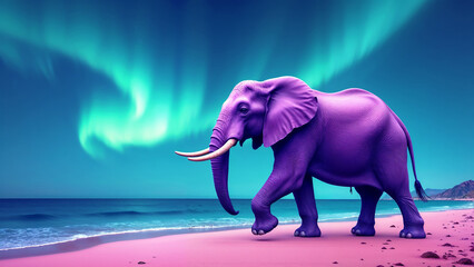 Elephant walks along a colorful beach under the northern lights during a vibrant evening