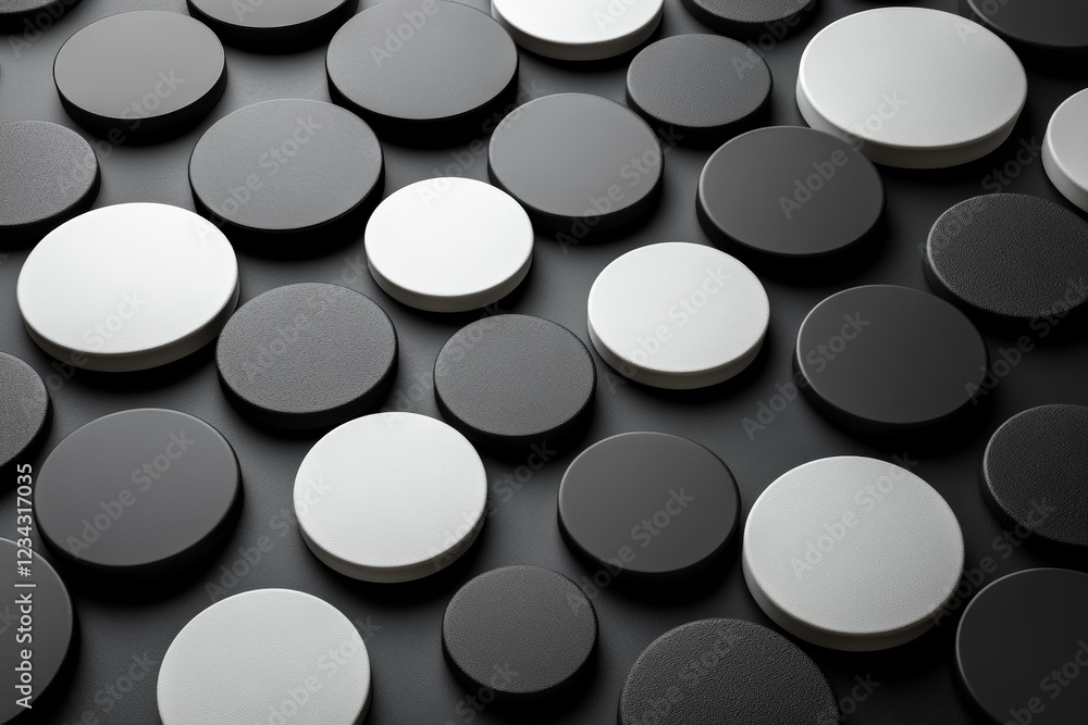 Poster abstract arrangement of black and white circular shapes on a textured surface creating a modern visu