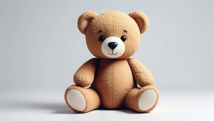 Obraz premium Adorable plush teddy bear sitting on a white background. Soft and fluffy with a friendly smile, perfect for children's themes, nursery decor, and toy advertisements. Cute and cozy design