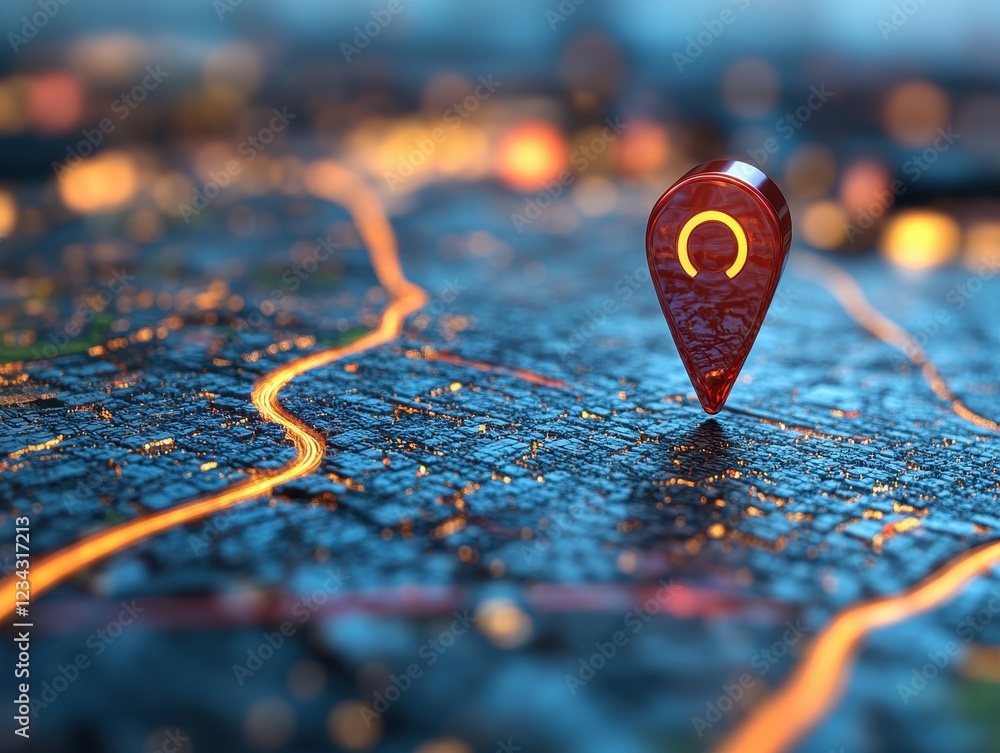 Poster a 3d map with a location pin highlighting a specific area.