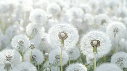 Obraz premium Sunlit Dandelion Field, Seeds Dispersing, Spring, Peaceful Background, Nature