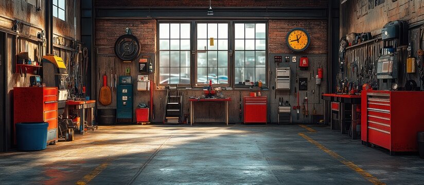 Sunlit industrial garage interior with tools, workbench, and red storage cabinets.