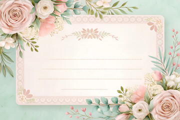 A soft, pastel-colored wedding invitation template with an intricate floral frame, left empty for custom text placement