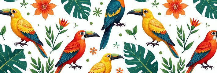 tropical design features colorful birds plants cacti seamless vector style