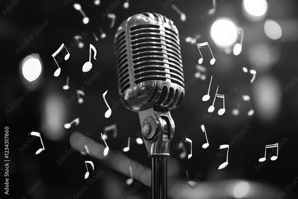 Poster vintage microphone surrounded by musical notes creates an atmosphere of nostalgia and artistry in a 