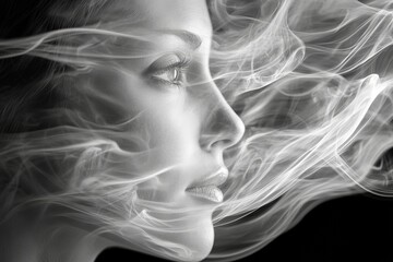 Fototapeta premium Woman's profile gracefully intertwined with wisps of smoke in a monochromatic setting