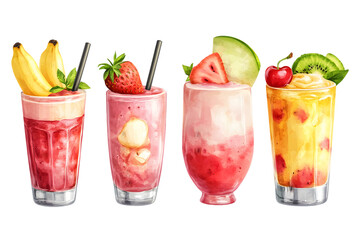 Four Colorful Fruit Smoothies with Fresh Fruit Toppings On A White Background, Transparent PNG