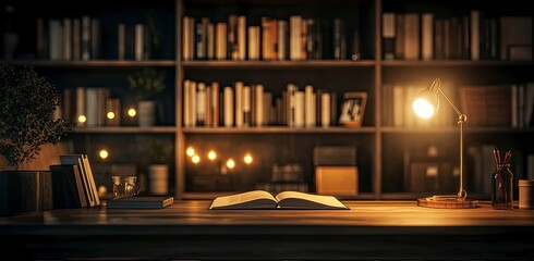 Minimalist dark study room with a modern desk and lamp, books on a shelf, warm lighting, and a blurred background of a home library or office interior. 