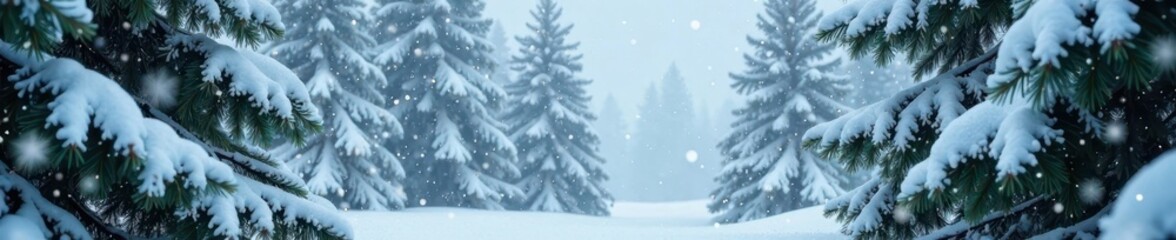 Obraz premium Snowflakes gently fall onto the branches of trees, evergreen trees, snowy scenery, frosty landscape
