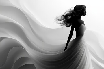 Elegant silhouette of a woman in a flowing dress against a minimalist background showcasing graceful movement and beauty