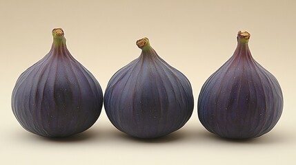 Obraz premium Three Fresh Ripe Purple Figs Isolated on a Soft Neutral Background Showcasing Their Unique Shape