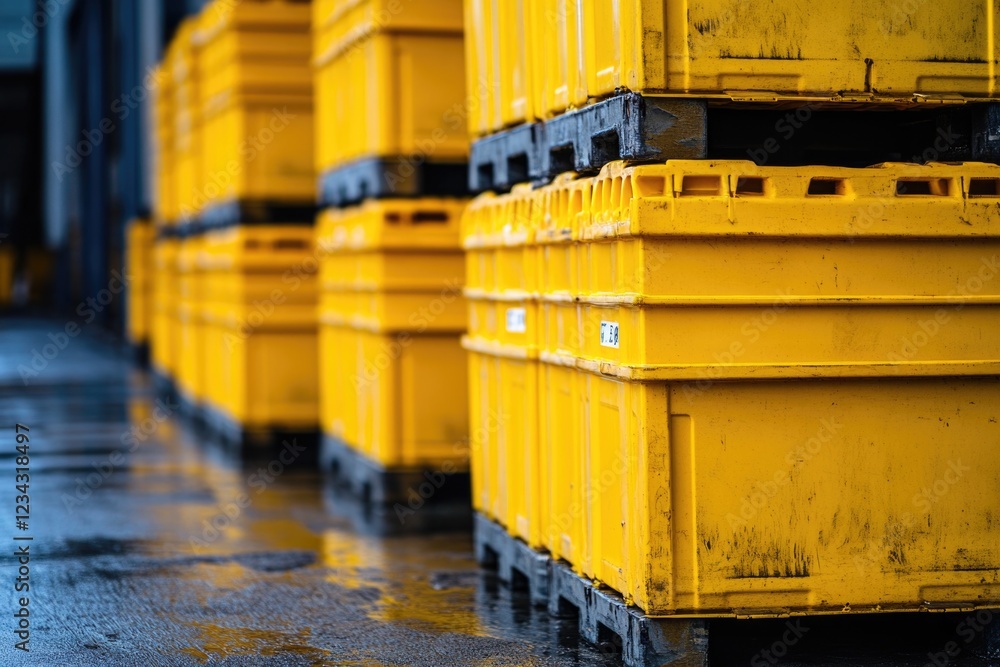 Poster stacked yellow crates on the side, suitable for use in storage or inventory scenes