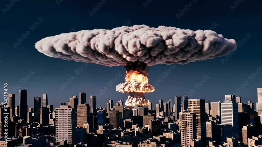 Poster massive nuclear mushroom cloud rising over urban skyline, generating overwhelming destructive force 