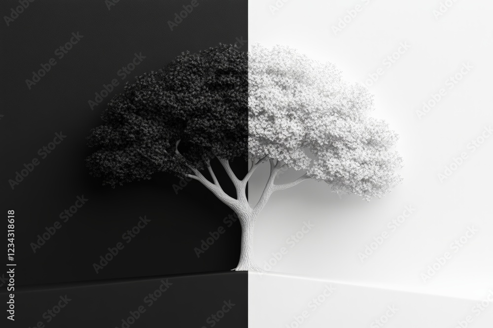 Aufkleber Artistic representation of a tree divided between black and white on contrasting backgrounds in a minimalist setting