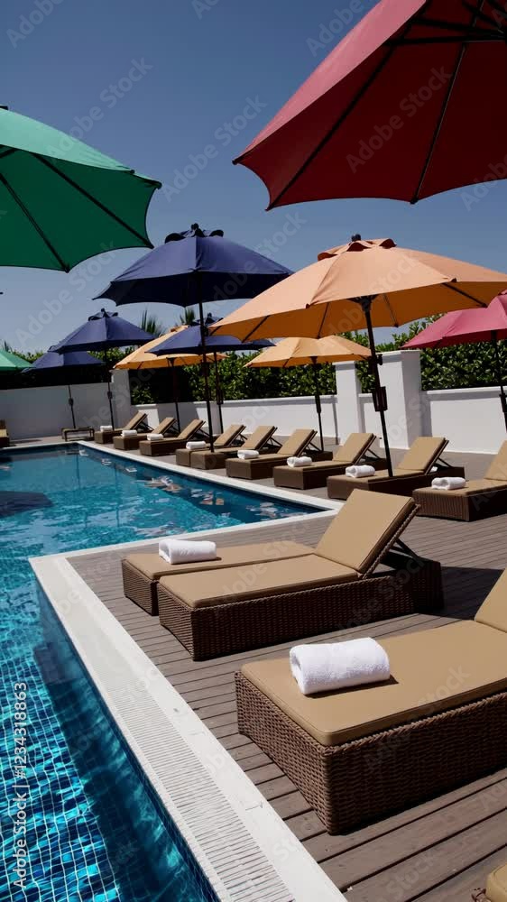 Aufkleber a serene poolside scene at a tropical resort, featuring neatly rolled white towels placed on plush l