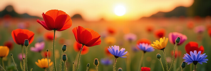 Obraz premium vibrant poppies cornflowers dance together warm sunset meadow full