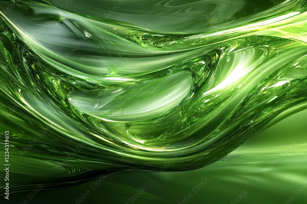 Poster Fluid green abstract design showcasing smooth curves and layers creating an organic flow within a tranquil atmosphere