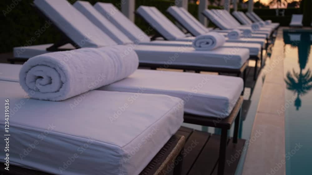 Aufkleber A serene poolside scene at a tropical resort, featuring neatly rolled white towels placed on plush lounge chairs under tall palm trees.