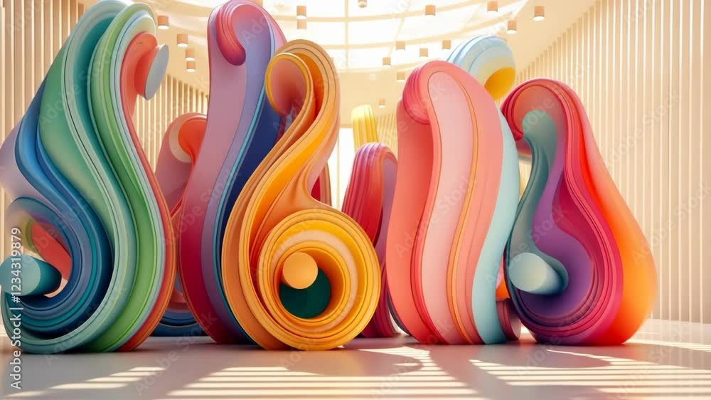 Poster in a vibrant setting filled with light, swirling and layered abstract shapes interact harmoniously, 