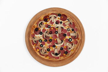Pizza with salami  mushrooms and cheese on a white background