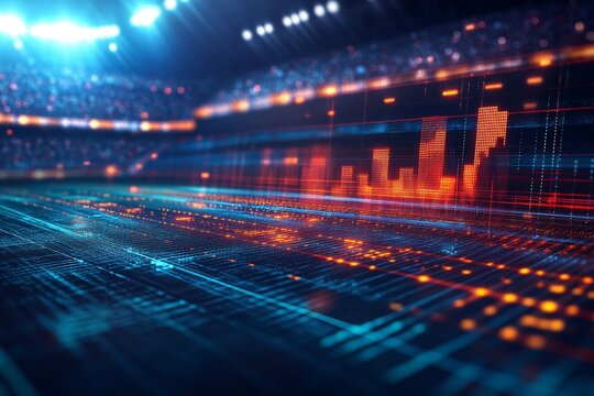 Dynamic visualization of digital data patterns in a high-tech sports arena during an exciting event