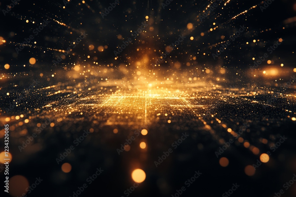 Poster dazzling golden particles create a cosmic atmosphere in a digital space