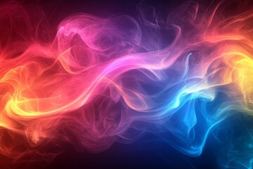 Colorful abstract design with swirling smoke patterns in vibrant hues of pink, orange, and blue on a dark background