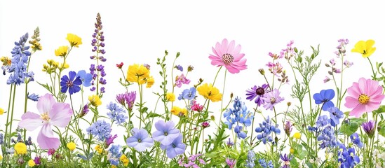 Colorful Wildflower Meadow Border, White Background, Spring Floral Design
