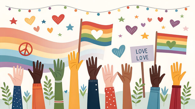 Diverse hands holding rainbow flags and signs promoting love and peace in a vibrant celebration.