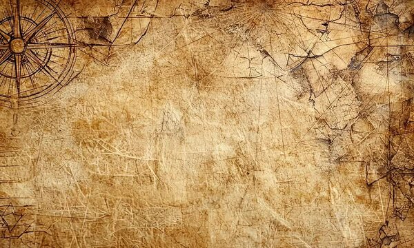 Aged treasure map parchment background, compass rose detail
