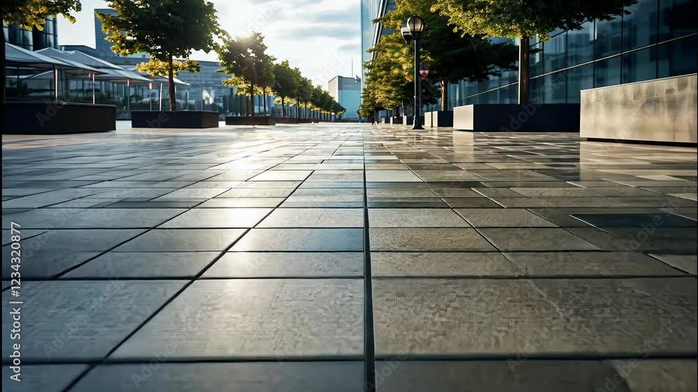 Aufkleber exploring a sunlit urban pathway adorned with trees and modern architecture at golden hour